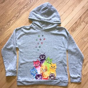 Rainbow Cats And Paw Prints Hoodie Sweatshirt Womens Size Large Grey Pullover